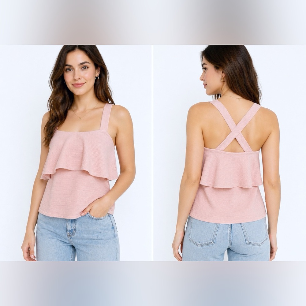 Madewell Dusty Pink Layered Ruffle Tank with Crisscross Straps Boho Festival